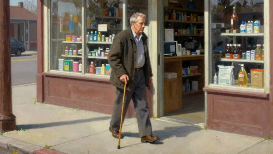 A middle-aged man walks on the sidewalk in front of a drug store, using a cane as severe autoimmune arthritis diminishes his once vibrant spirit.