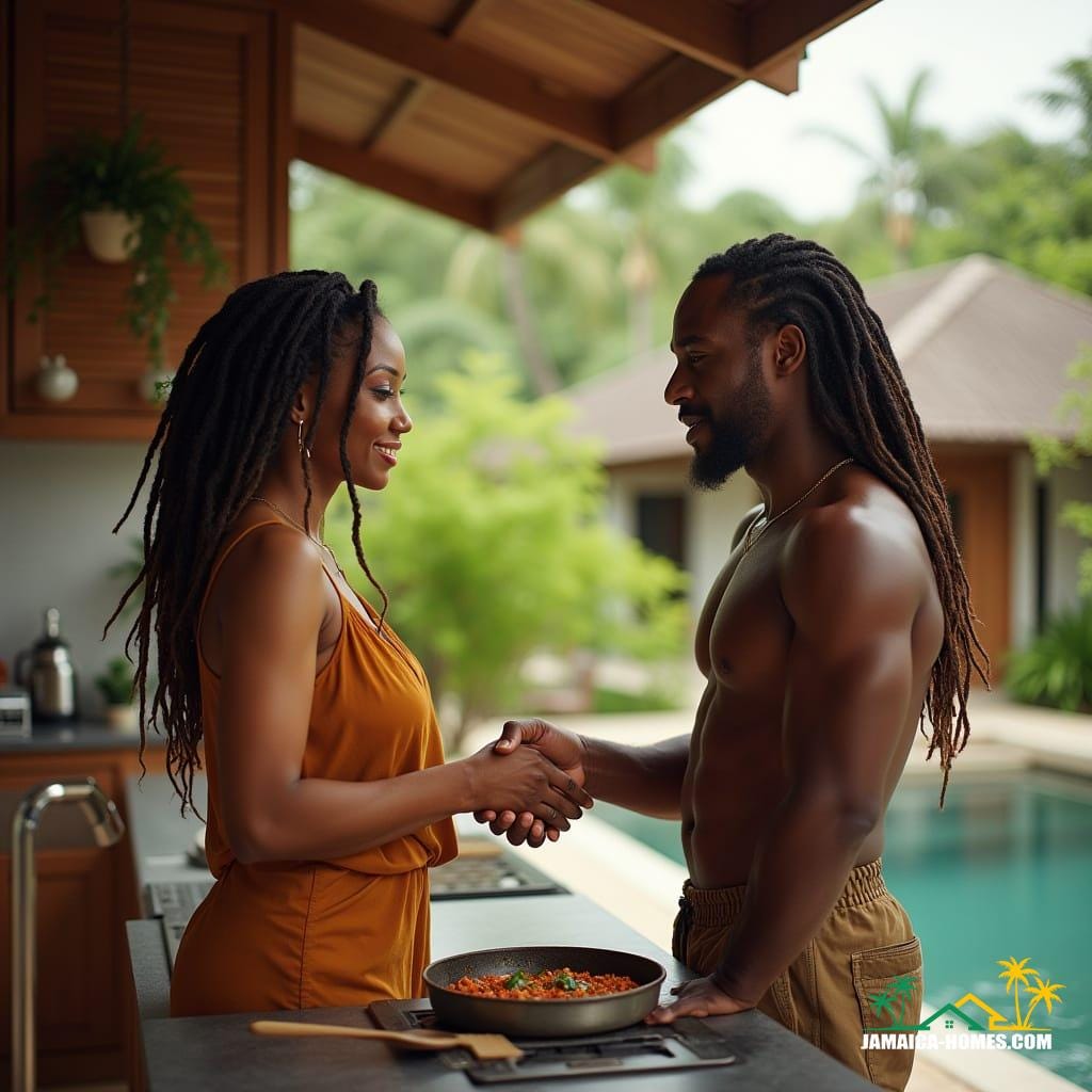 A mature, mixed-heritage couple, she with flowing brown dreadlocks and he with a sharp, strategic gaze, stand together in a sleek outdoor kitchen, surrounded by modern wooden homes that blend with Jamaica's lush tropical landscape. Warm, sun-kissed complexions and confident body language convey their passion for house flipping, as they negotiate their latest deal, shaking hands with a potential buyer amidst the scent of grilled spices. Inspired by the cinematic styles of Rachel Morrison, Emmanuel Lubezki, and Roger Deakins, the scene is bathed in cinematic lighting, with a shallow depth of field, film grain, and a vignette, evoking a sense of warmth and intimacy. The atmosphere is epic, dramatic, and stunning, with a color palette that pops against the natural beauty of the Caribbean backdrop, reminiscent of a 35mm film still, shot on a v-raptor XL, and post-processed to perfection.