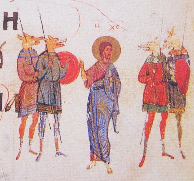 r/ArtefactPorn - Christ meeting the Cynocephali (dog-headed men) illustrated in the Kiev Psalter of 1397, known also as The Spiridon Psalter. [1436x1342]