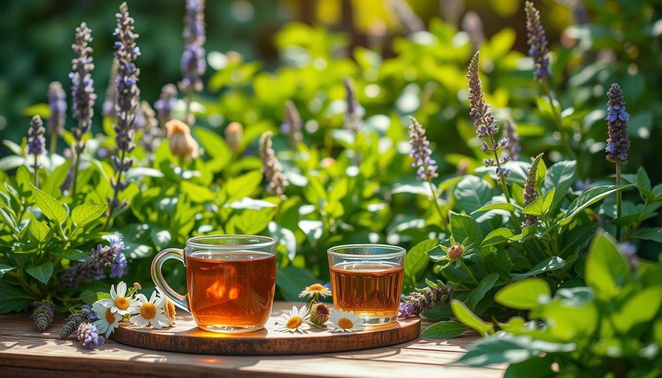 Lavender tea in glass mugs in a lavender garden.