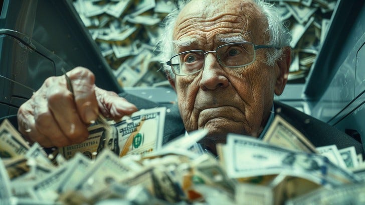 This thought-provoking image captures an elderly man steeped in a sea of money, his eyes conveying a mix of determination, wisdom, and possibly a critical view on material wealth. The surrounding dollar bills may symbolize prosperity and success, but the man's expression suggests that the story behind the riches could be one of deep introspection about the true value of money in the grand tapestry of life.