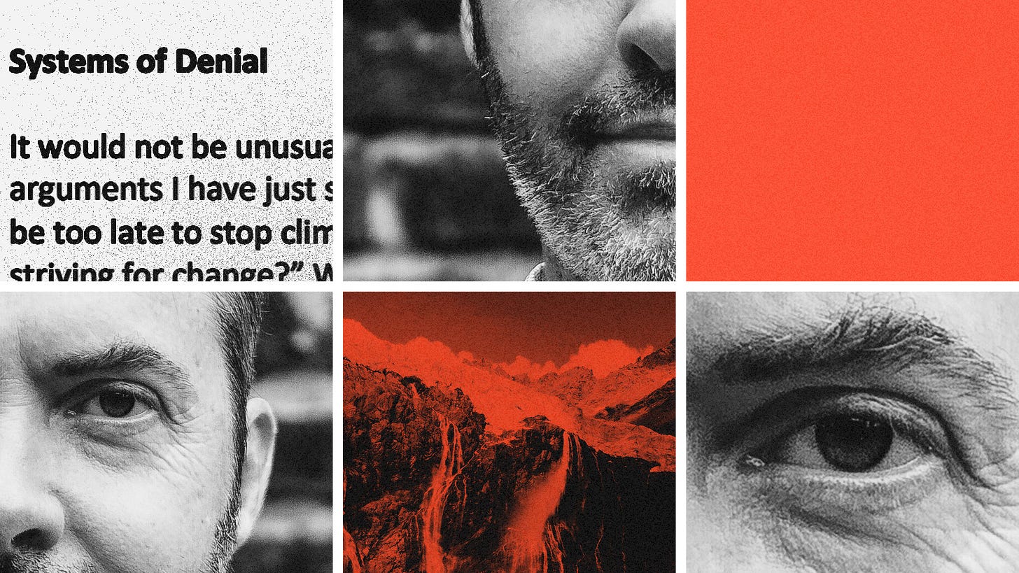 Collage of Jem Bendell, his paper, and photo of a melting glacier