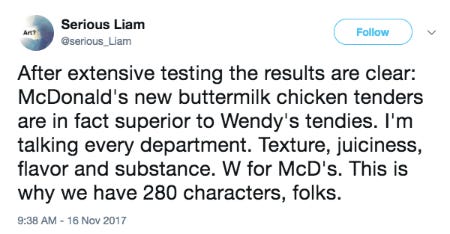 Screenshot of a funny tweet about chicken tenders. Screenshot of a funny tweet about chicken tenders.