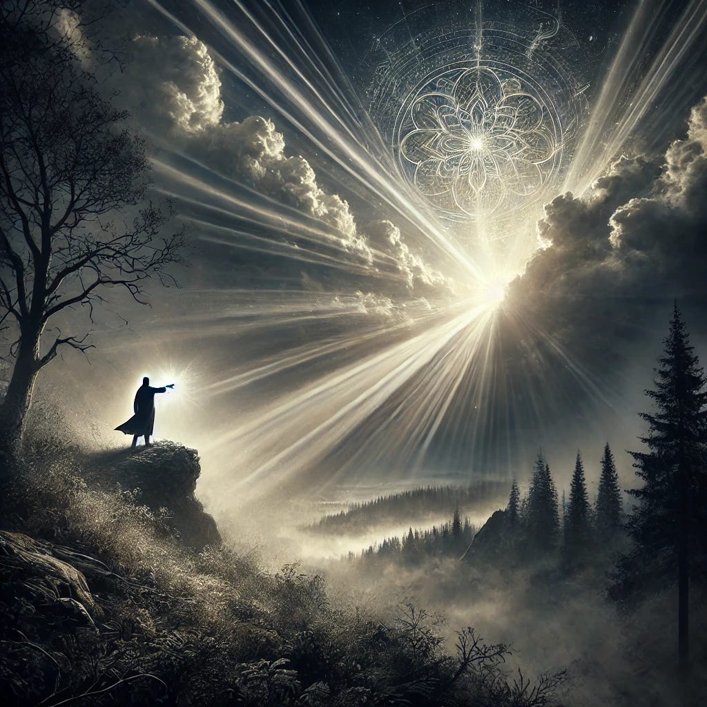 A powerful, symbolic image representing revelation. A figure stands at the edge of a dark forest, with beams of light breaking through clouds above, illuminating the landscape in front of them. The figure reaches out toward the light, symbolizing insight and discovery, while intricate patterns or symbols appear subtly within the light rays to evoke hidden knowledge coming to light. The scene is serene yet dramatic, with a sense of clarity and unveiling after a period of darkness or uncertainty.