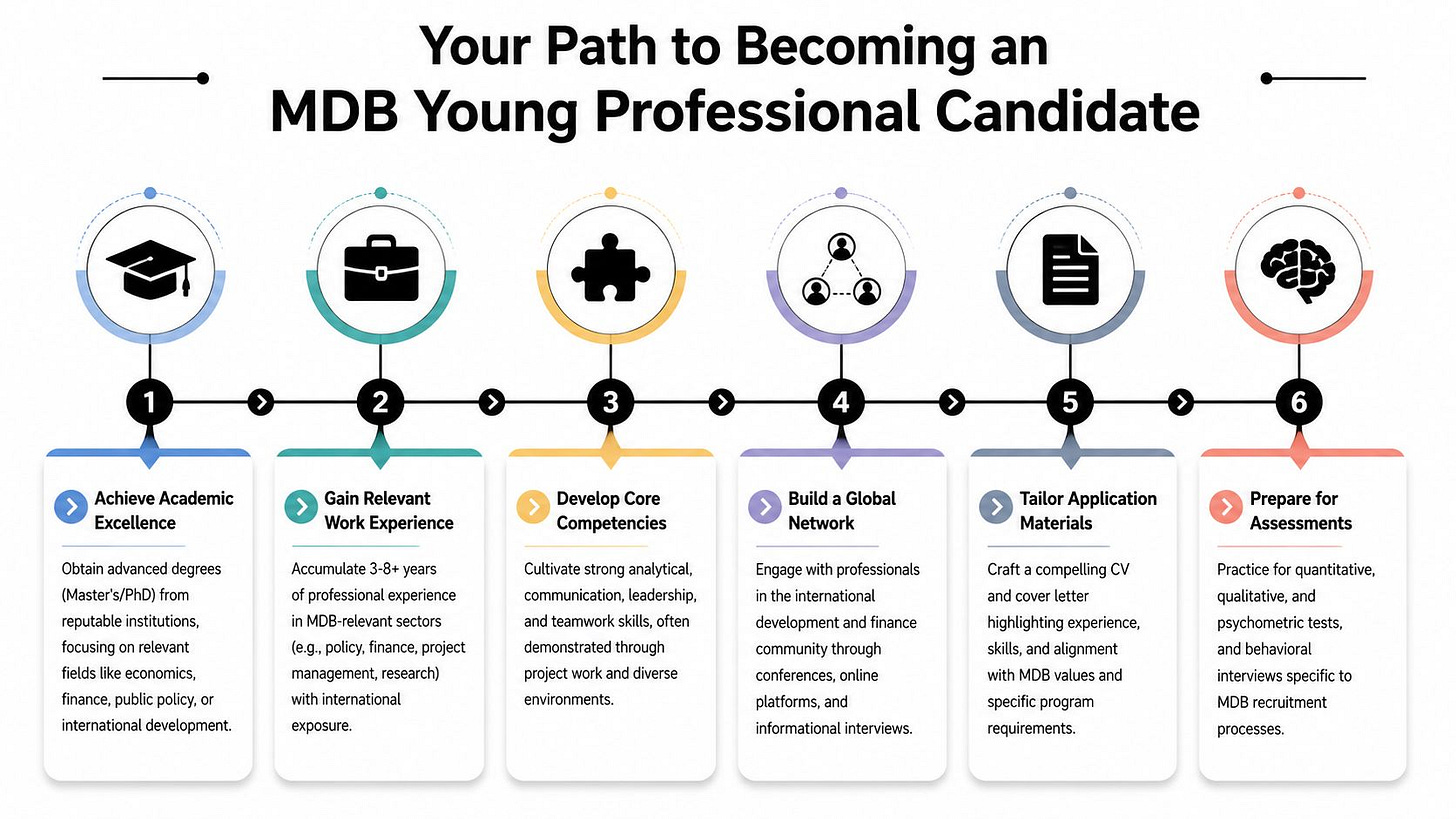 A six-step infographic detailing the professional development path to become an MDB Young Professional candidate.
