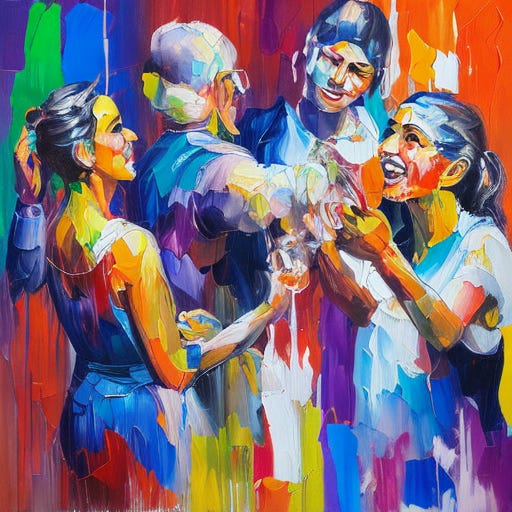 AI-generated oil painting of older women having dancing