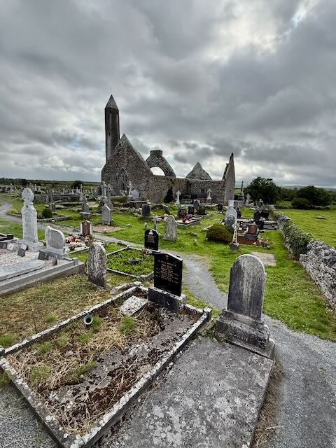 Church ruins, stone tower, Muckross Friary, An ancient yew tree holds court at the friary