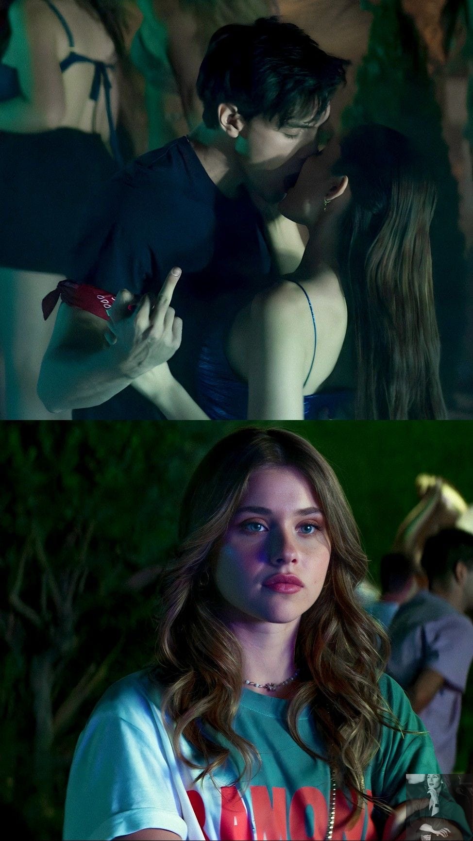 Montaje de dos imágenes de una de las películas de la saga Culpables: Nick besando a una chica y Noah decepcionada Montaje de dos imágenes de una de las películas de la saga Culpables: Nick besando a una chica y Noah decepcionada