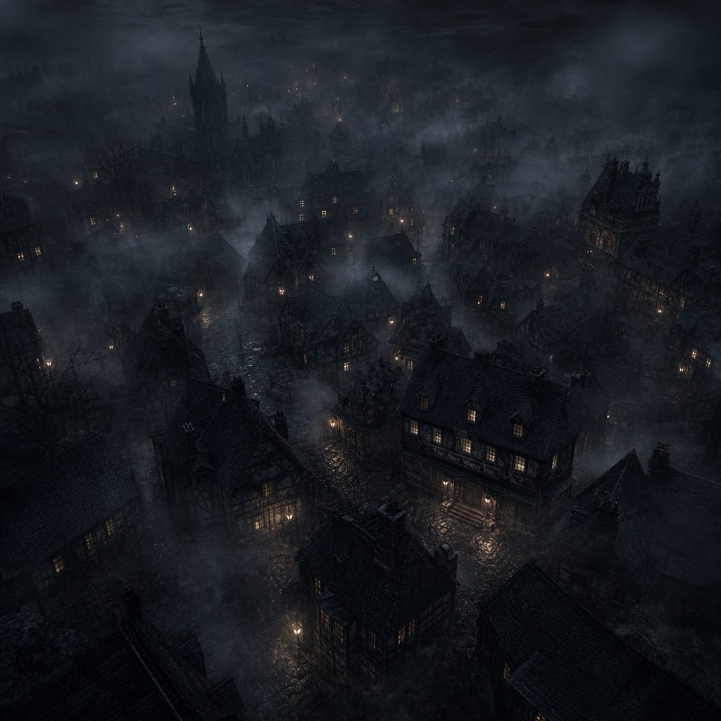 Vallaki at night seen from above, Barovian Gothic atmosphere, fog drifting through crooked streets, dim lanterns glowing, rooftops leaning inward, the Blue Water Inn faintly lit, shadows pooling between buildings