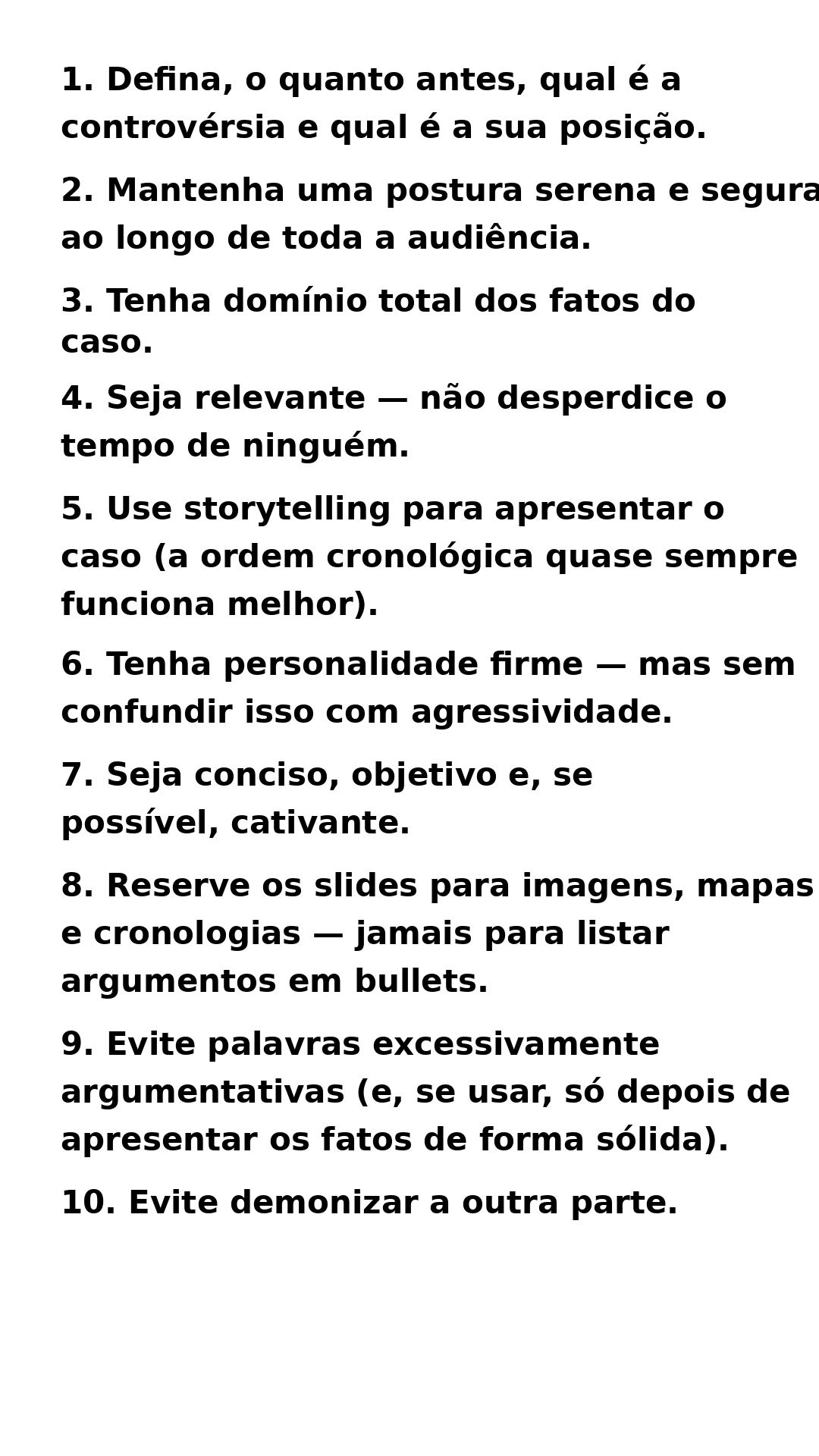 Imagem com fundo branco listando as 10 principais qualidades de um advogado de arbitragem eficaz, como apresentadas por árbitros internacionais: definição clara da controvérsia, postura serena, domínio dos fatos, relevância, storytelling, firmeza sem agressividade, concisão, uso estratégico de slides, linguagem equilibrada e ausência de ataques à parte contrária.