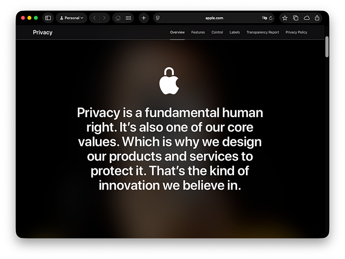 Apple privacy statement screen with message about privacy as a fundamental human right and core company value