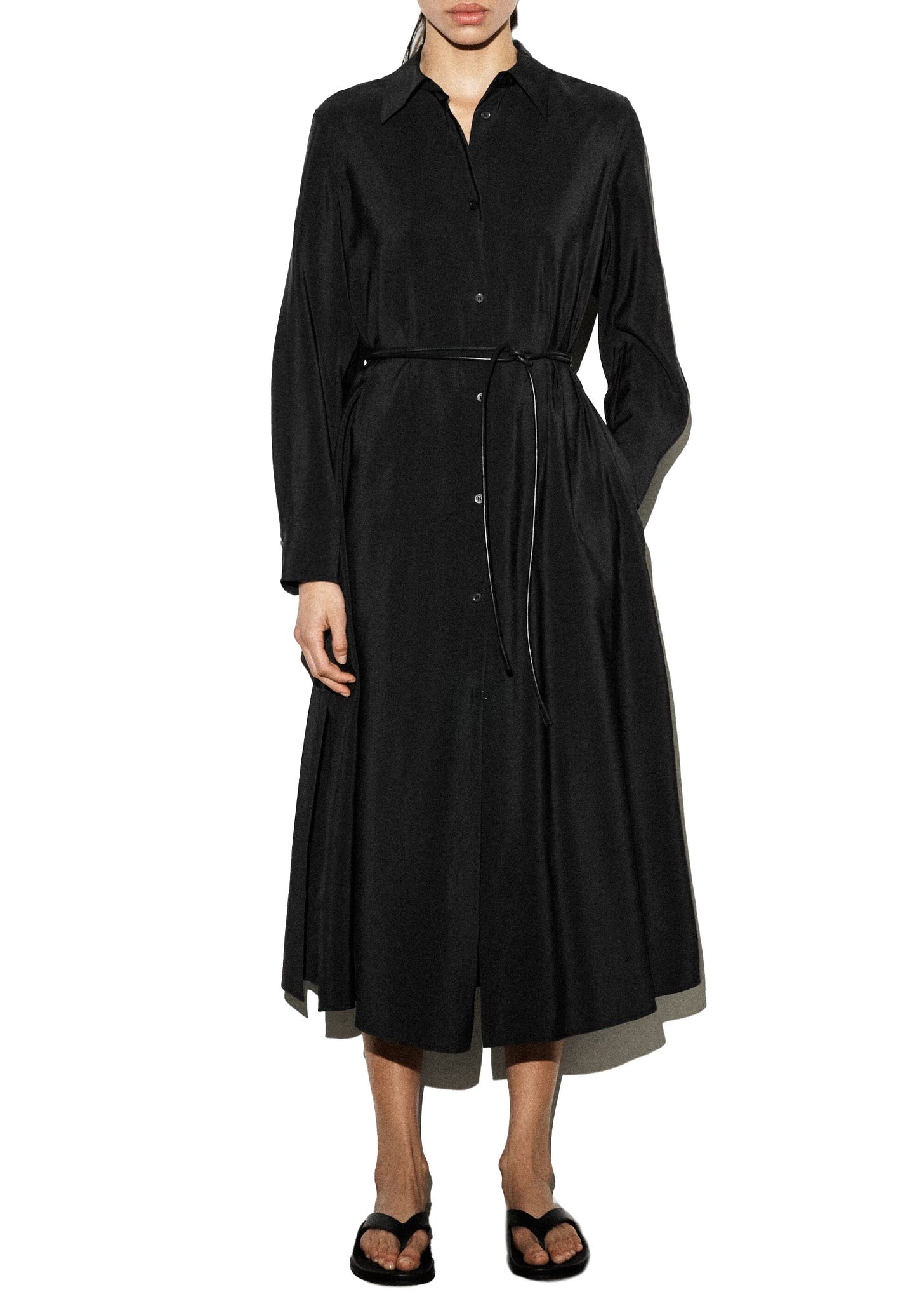 black flowy shirt dress Flowy Black Pleated Shirt Dress XS / Black