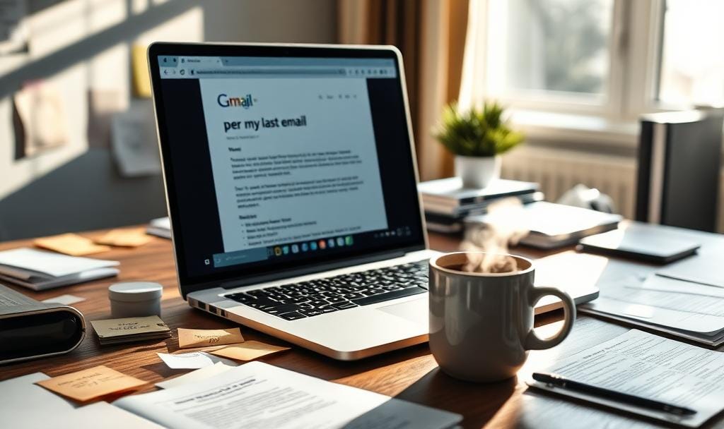 A closeup of a laptop on a morning office desk, displaying an email with the subject line “Per my last email.” Sticky notes and papers are scattered around, and a steaming, untouched coffee cup sits nearby. Sunlight streams through a window, casting warm light over the scene.