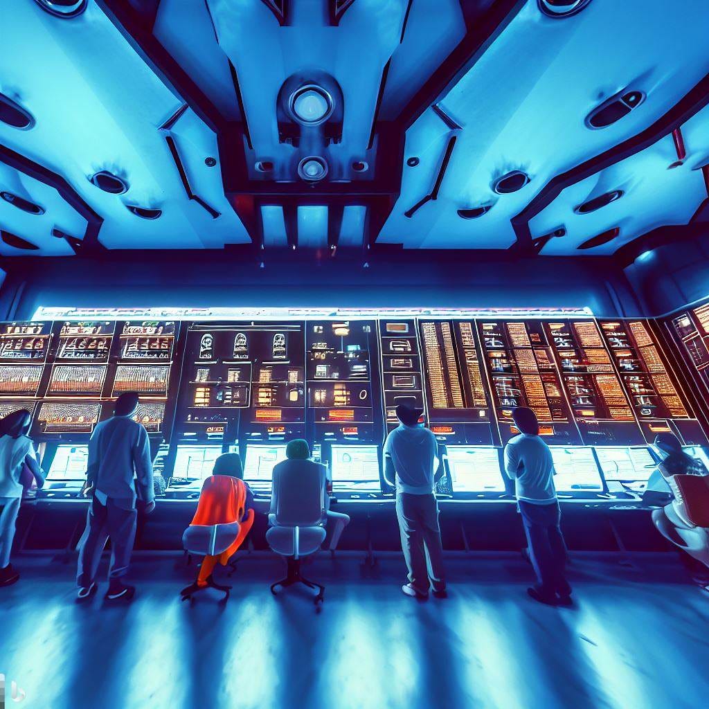 Futuristic view inside of a utility control room. Wide angle shot, group of people looking over a large computer screen array, led by a confident woman, contemplating next steps. Blue and orange color tones. Concept art. Futuristic view inside of a utility control room. Wide angle shot, group of people looking over a large computer screen array, led by a confident woman, contemplating next steps. Blue and orange color tones. Concept art.