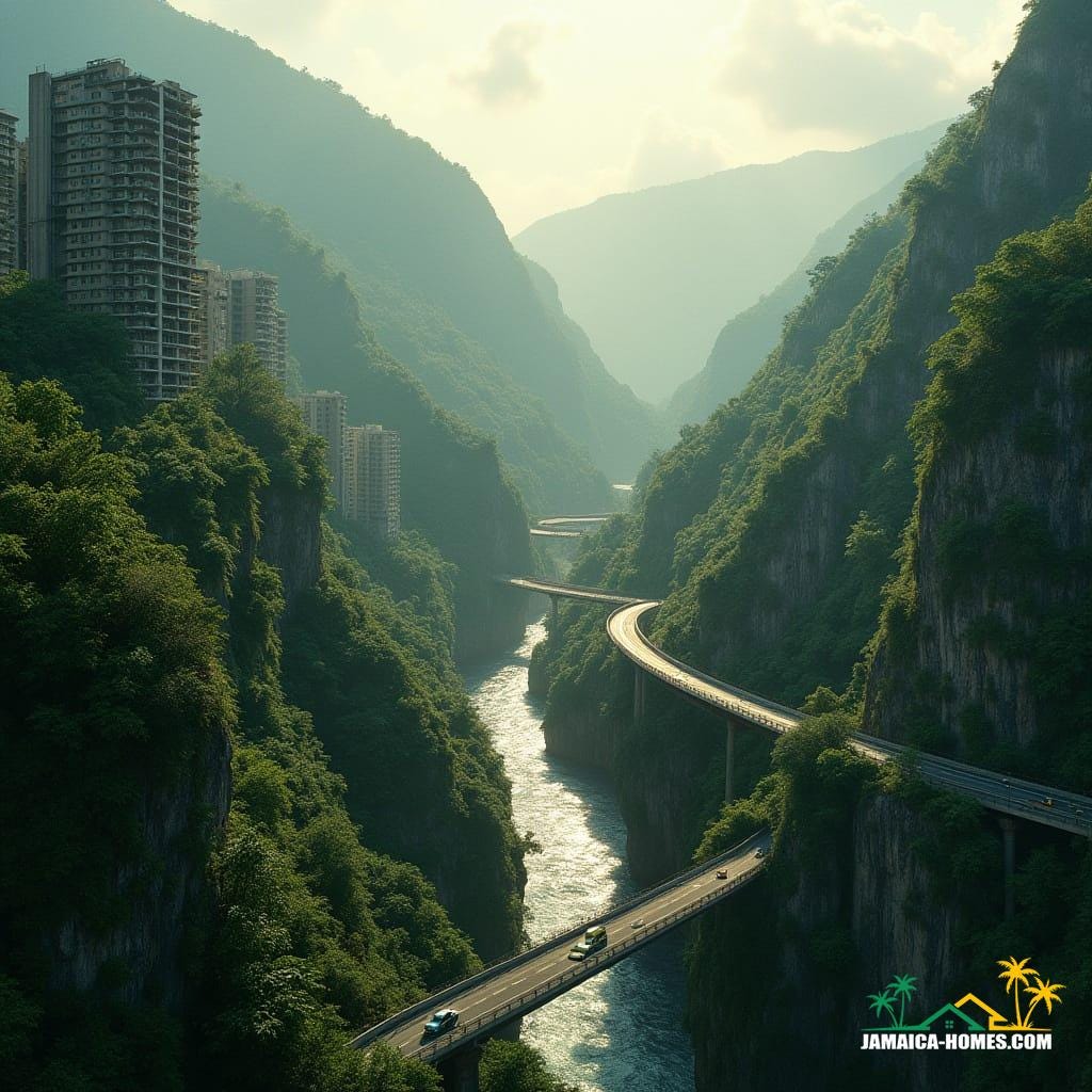 Jamaican mountain pass with narrow winding road, fast-moving river, and lush green cliffs, modern apartment towers rise with realistic glass, concrete, and steel, connected by skybridges, Jamaican taxis and cars navigate, tropical vegetation on cliffs, golden sunlight through misty clouds, in ultra-realistic cinematic style inspired by filmmakers like Denis Villeneuve, Roger Deakins, and Emmanuel Lubezki, with cinematic lighting, film grain, and vignette.