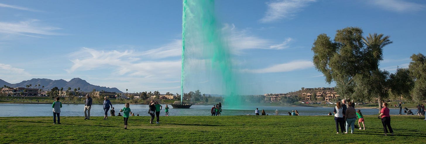 The famous fountain is dyed green for St. Patrick's Day