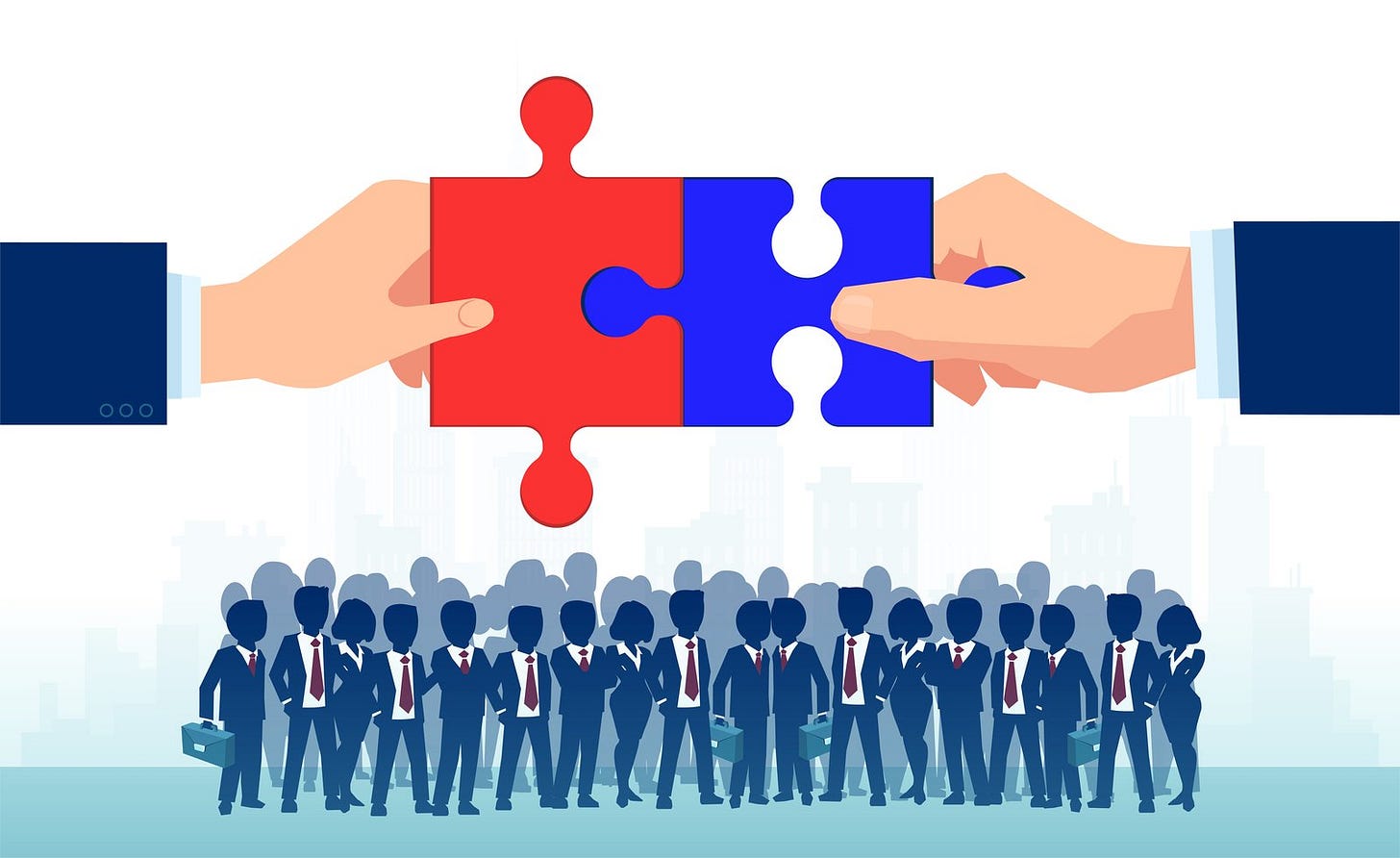 Suited arms fitting red and blue puzzle pieces together over a well-dressed crowd