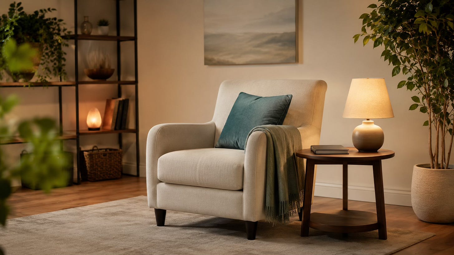 A calm private coaching space with an armchair, soft lamp, and notebook, representing structured Clinical EFT support.