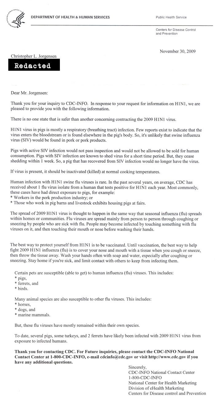 Scan of the letter from the CDC. Transcript follows.