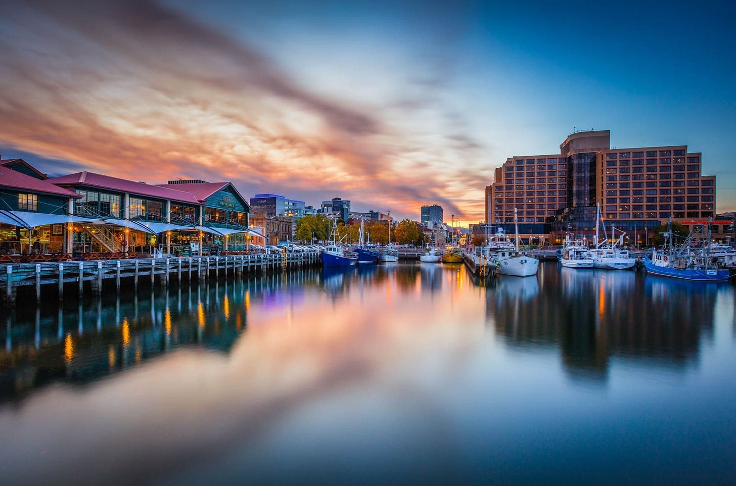 Photo of the Hotel Grand Chancellor, Hobart, at the waterfront. Spectacular colours in the sky and sea. 