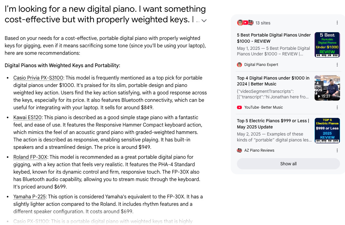 A screenshot of Google AI Mode, where the AI overview takes up most of the screen and the suggested websites are off to the side.