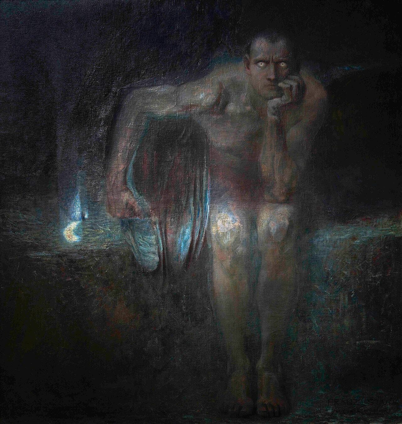 Lucifer crouched in darkness with two burning eyes