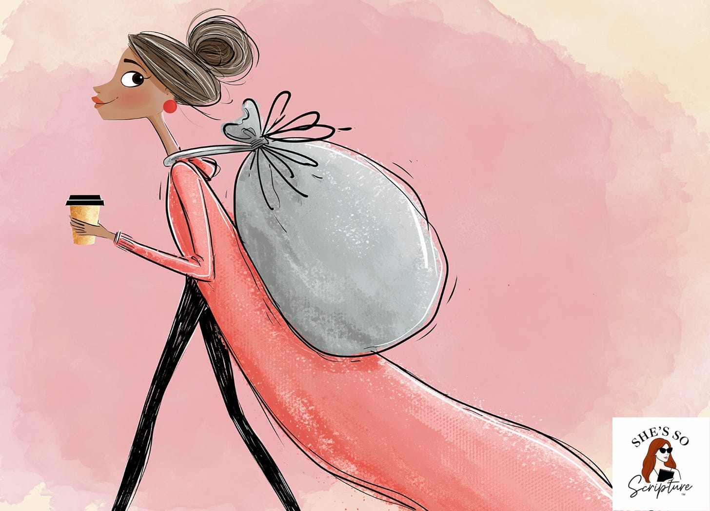 An illustrated woman walking forward with a heavy bag over one shoulder and a coffee cup in her other hand, expression of quiet endurance rather than defeat in soft warm light, rendered in a whimsical fashion illustration style with blush pink and cream watercolor tones.