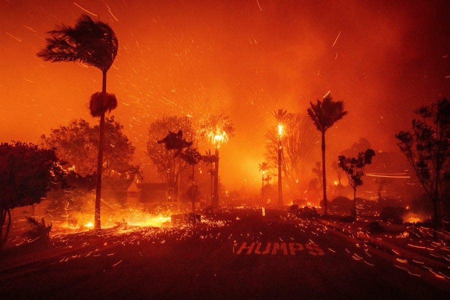 Sparks, flames, and smoke fill the sky as wind whips burning palm trees along a city street. Sparks, flames, and smoke fill the sky as wind whips burning palm trees along a city street.