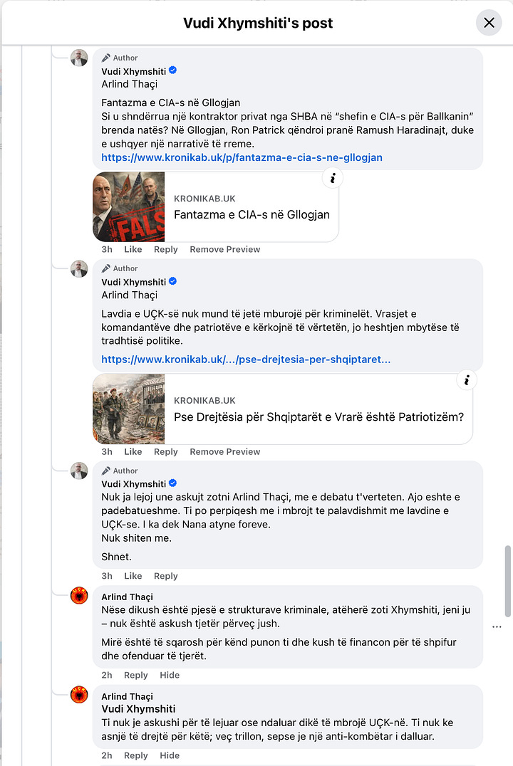 Pamjet dokumentuese të komenteve të shkëmbyera me profilin "Arlind Thaçi".