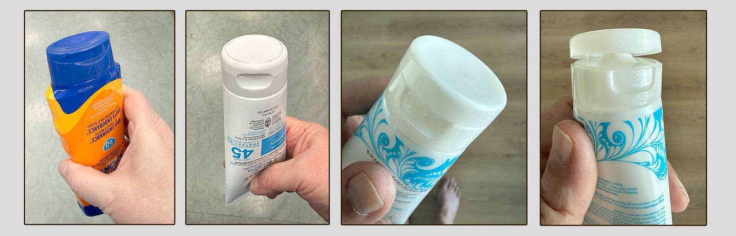 Four photos of the author holding containers that have hinged lids which can be opened with one hand, pushing the lid up with one's thumb. The lids are smooth and hard but that's not an issue for this design.