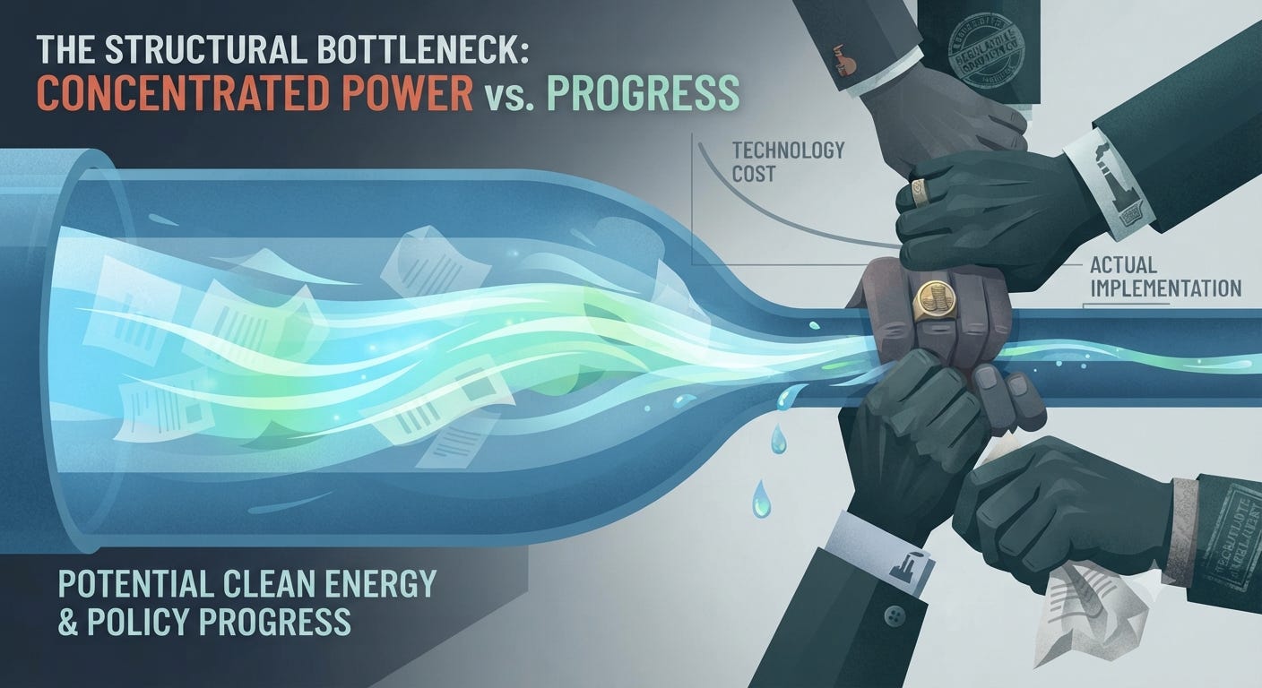 The illustration depicts clean energy flowing through a pipeline that is constricted by clasped hands representing concentrated political and economic power. The visual symbolizes how lobbying, regulatory capture, and entrenched interests slow the implementation of climate solutions despite technological progress. The illustration depicts clean energy flowing through a pipeline that is constricted by clasped hands representing concentrated political and economic power. The visual symbolizes how lobbying, regulatory capture, and entrenched interests slow the implementation of climate solutions despite technological progress.