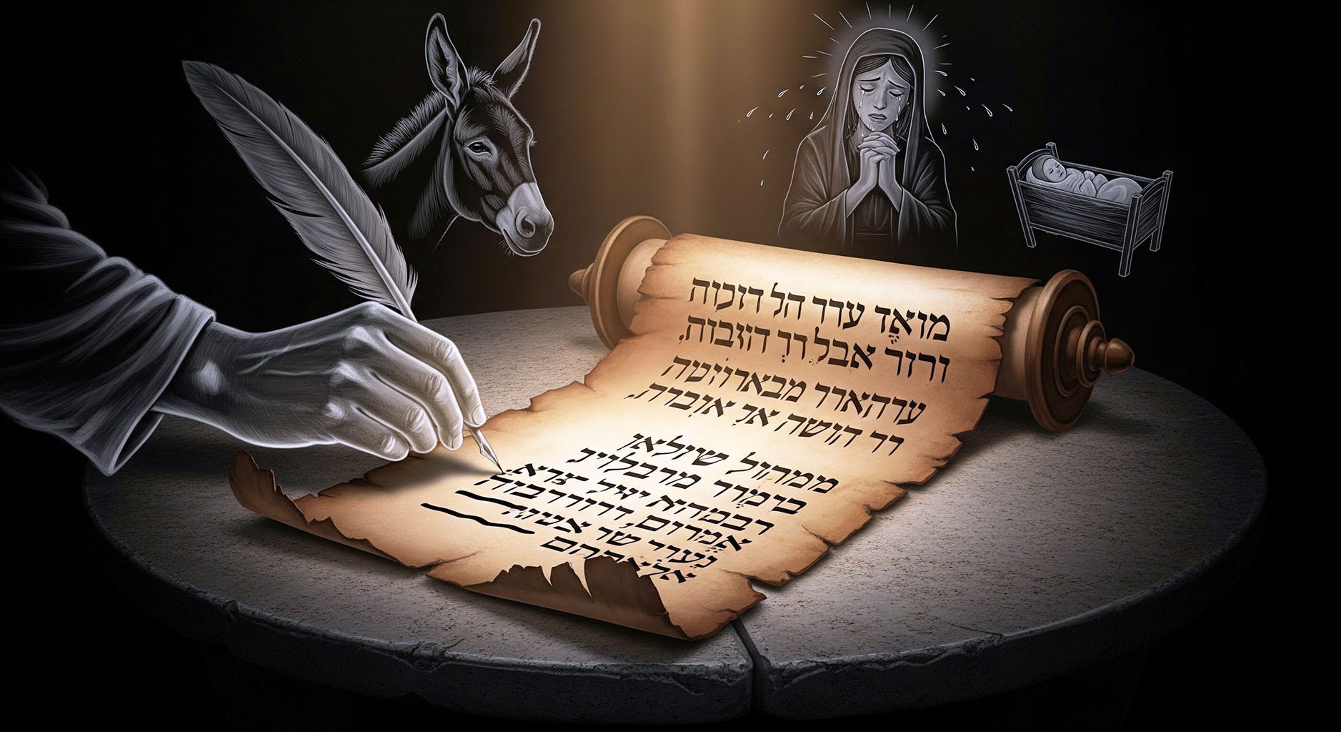 Ancient scroll with Hebrew text being altered by a quill, symbolizing Matthew’s invented biblical prophecies. Ancient scroll with Hebrew text being altered by a quill, symbolizing Matthew’s invented biblical prophecies.