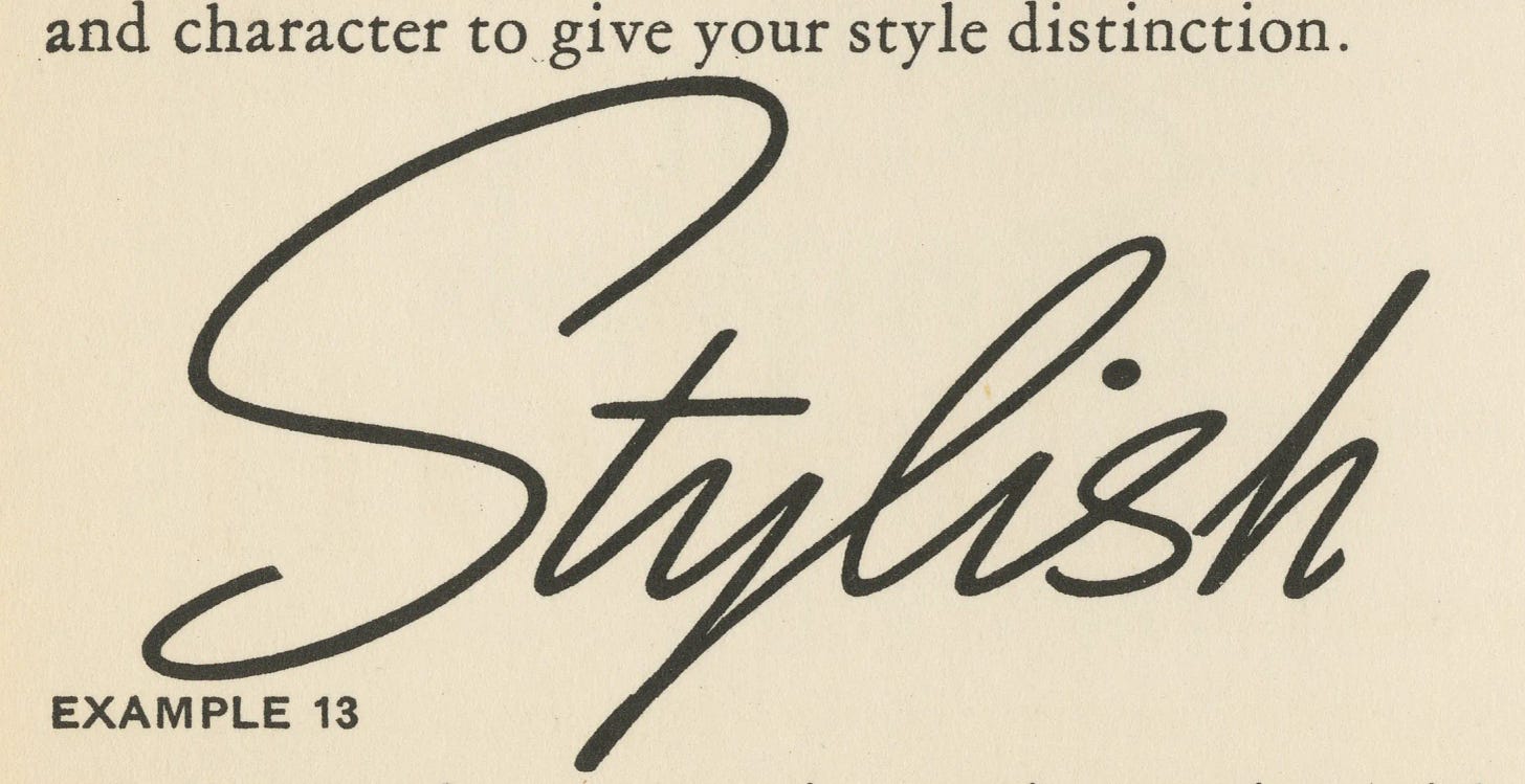 Hand-lettered word “Stylish” in bold vintage monoline script, black ink on cream paper, labeled “EXAMPLE 13,” with a small line of printed text above.