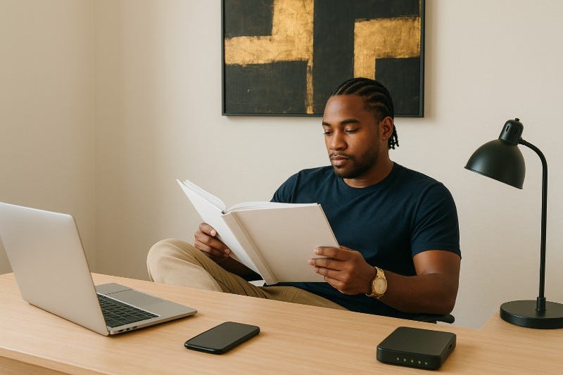 Man with cornrows sits at desk with laptop and reads paperwork in binder