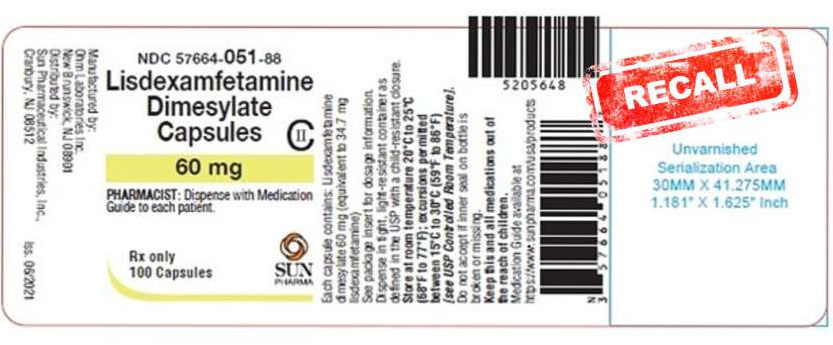 lisdexamfetamine capsules 60 mg recall August 2025 by Sun Pharma