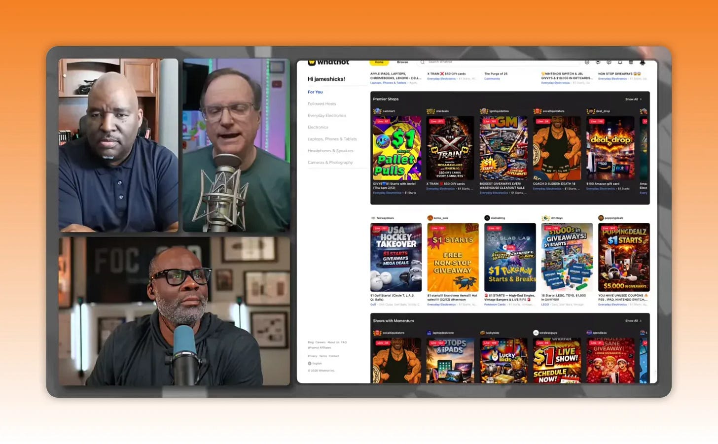 Website browse view of Whatnot showing large colorful auction tiles and categories next to live hosts.