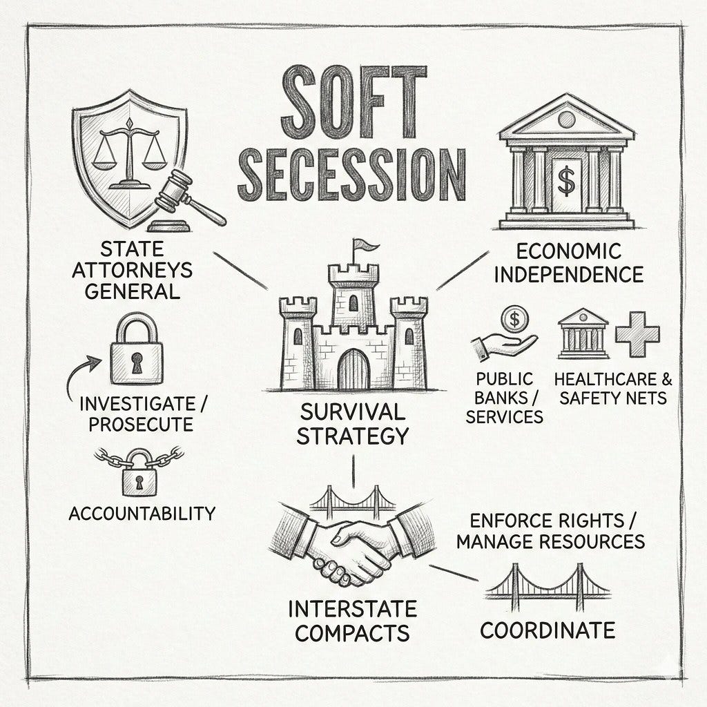 A hand-drawn infographic titled "SOFT SECESSION" depicts a central castle labeled "SURVIVAL STRATEGY" linked to three primary pillars of action. To the left, "STATE ATTORNEYS GENERAL" focuses on investigation, prosecution, and accountability. To the right, "ECONOMIC INDEPENDENCE" emphasizes public banks, services, and healthcare safety nets. At the bottom, "INTERSTATE COMPACTS"—illustrated by a handshake in front of a bridge—details the coordination of resources and the enforcement of rights. A hand-drawn infographic titled "SOFT SECESSION" depicts a central castle labeled "SURVIVAL STRATEGY" linked to three primary pillars of action. To the left, "STATE ATTORNEYS GENERAL" focuses on investigation, prosecution, and accountability. To the right, "ECONOMIC INDEPENDENCE" emphasizes public banks, services, and healthcare safety nets. At the bottom, "INTERSTATE COMPACTS"—illustrated by a handshake in front of a bridge—details the coordination of resources and the enforcement of rights.