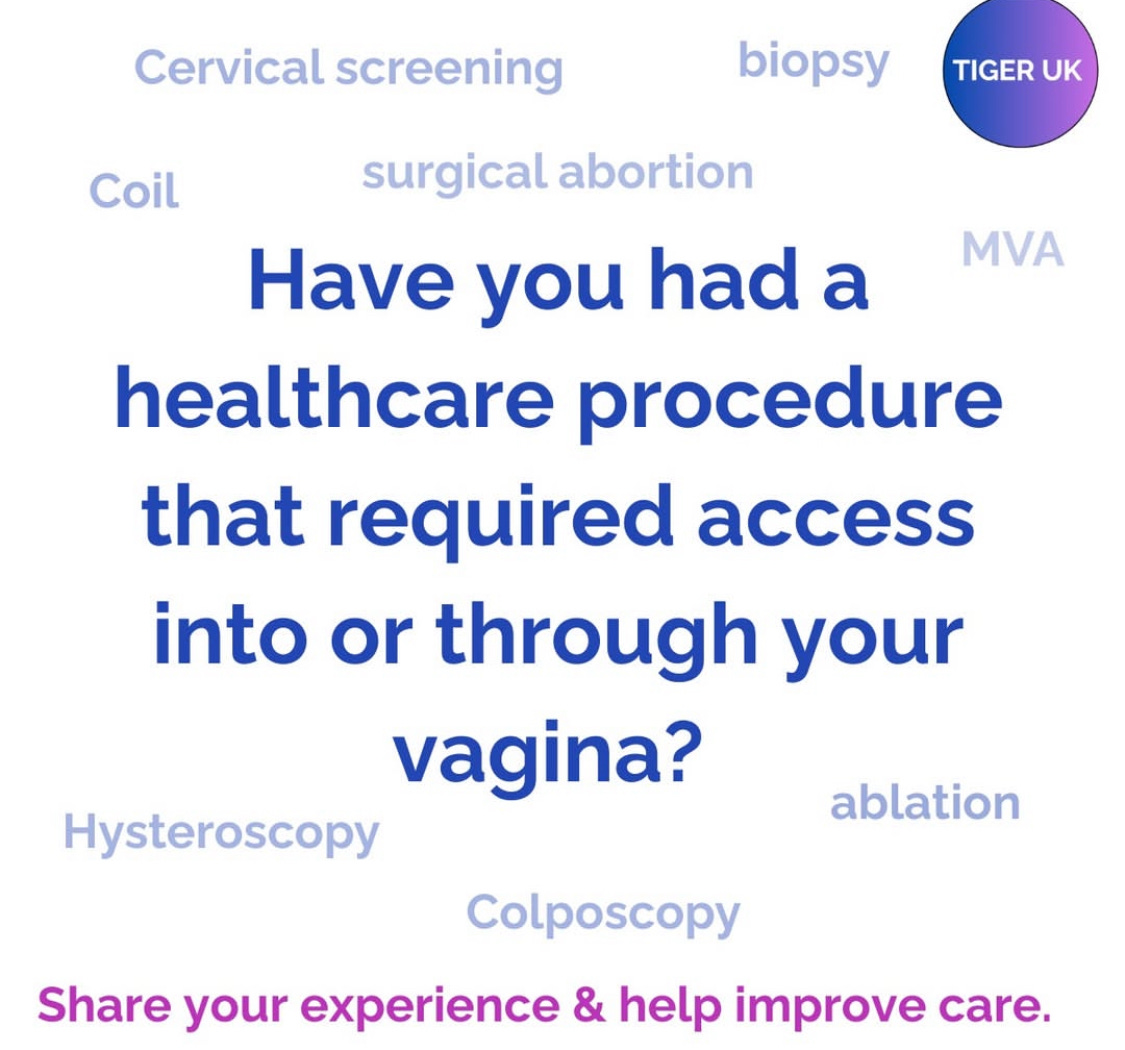 TIGER UK survey promotion which says 'have you had a healthcare experience involving access into or through your vagina?'