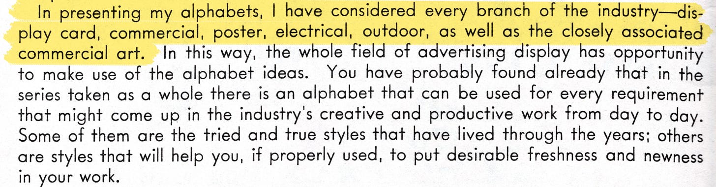 A highlighted excerpt from Alf R. Becker's open letter in Signs of the Times, May 1935, describing the breadth of his alphabet series across display card, commercial, poster, electrical, and outdoor advertising.