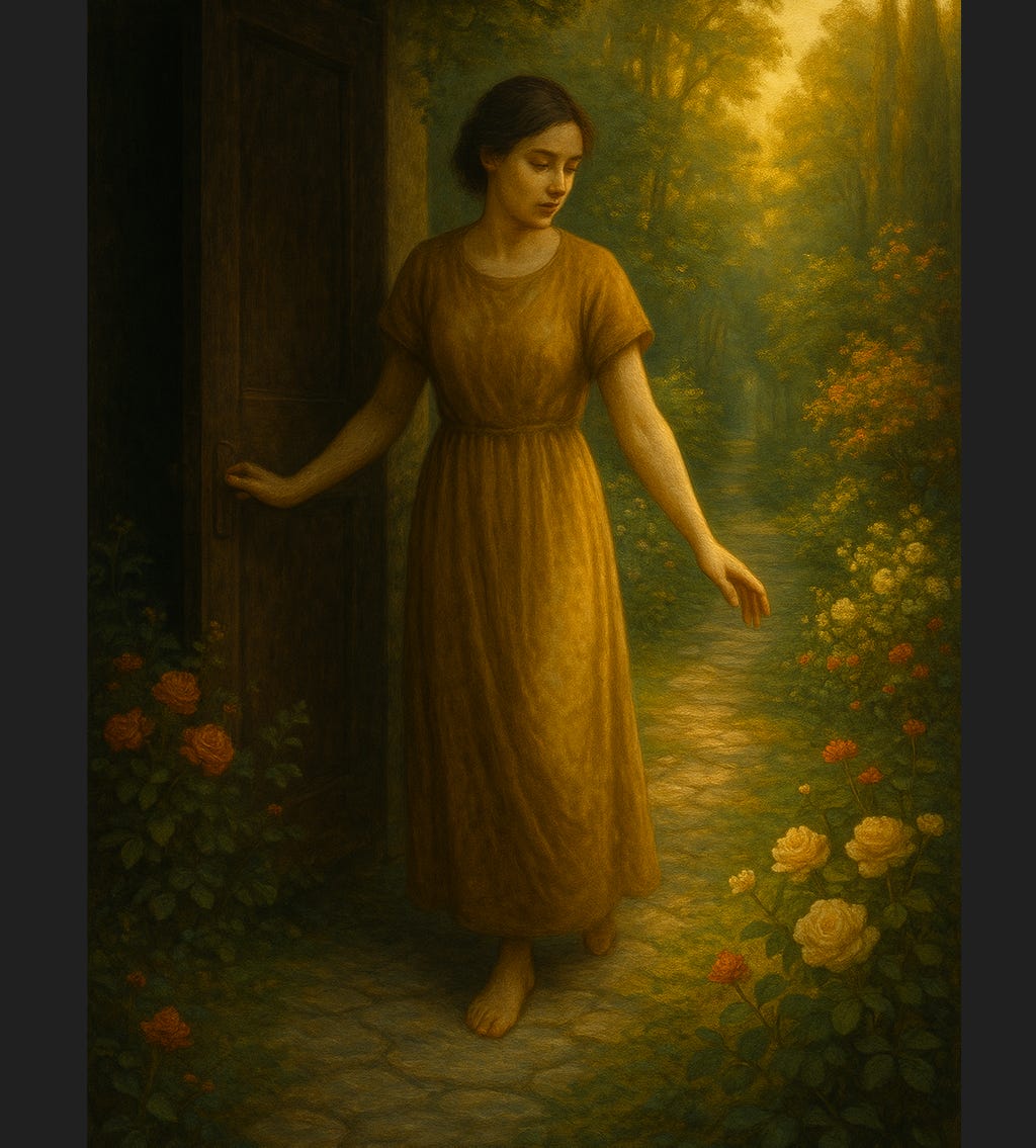 Woman steps barefoot from a dark doorway into a sunlit garden, surrounded by flowers and warm light.