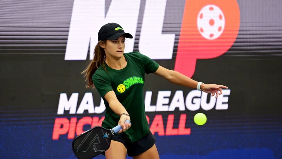 Lacy Schneemann of the Florida Smash returns a shot during a group play Major League Pickleball match against BLQK at Pickle & Chill on October 15, 2022 in Columbus, Ohio.