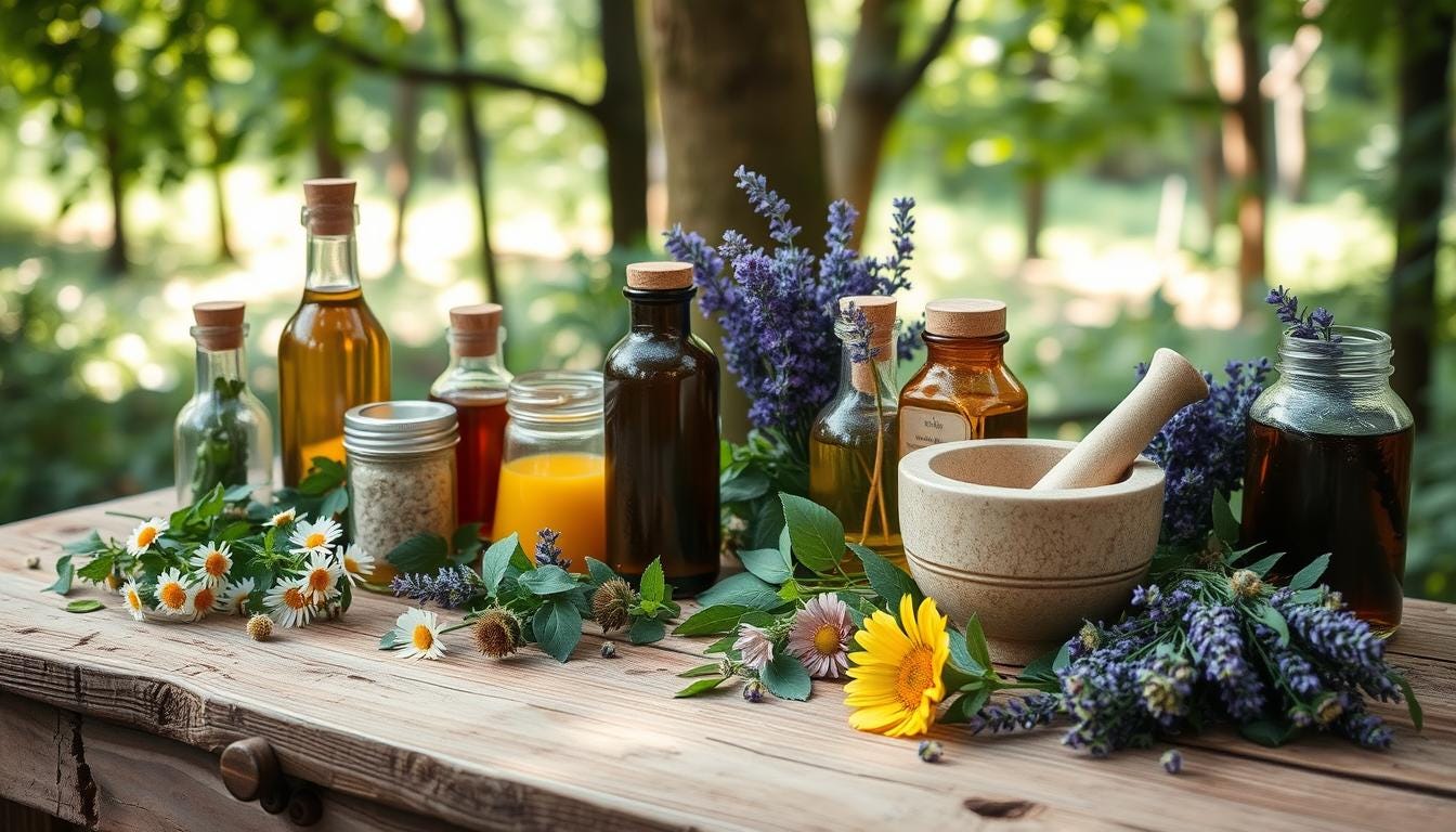 Herbs with infused oils in glass jars on a wooden table.