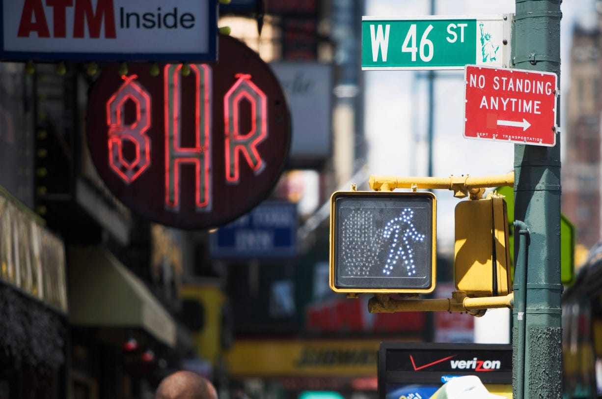Signs along west 46th street in NYC hell's kitchen