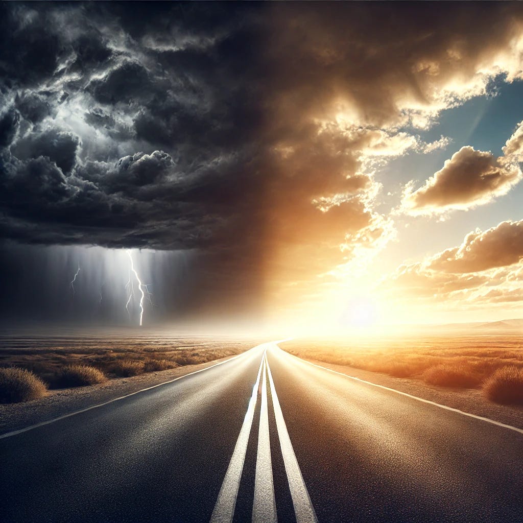 An open road stretching into the horizon, with dark, stormy clouds on one side of the road and bright sunshine illuminating the other side. This contrast symbolizes the dual possibilities of uncertainty and hope for the future. The scene is atmospheric, with the road symbolizing a journey into an unknown yet potentially brighter tomorrow.