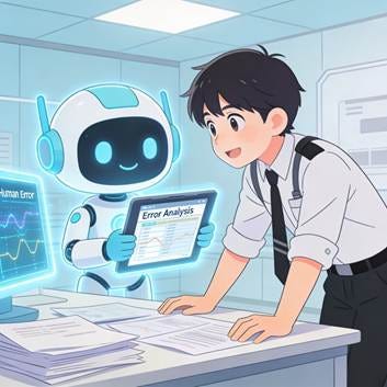 The image depicts a human character dressed in a suit, interacting with a robotic AI assistant, which is conducting an error analysis on a computer screen.

Le contenu généré par l’IA peut être incorrect.