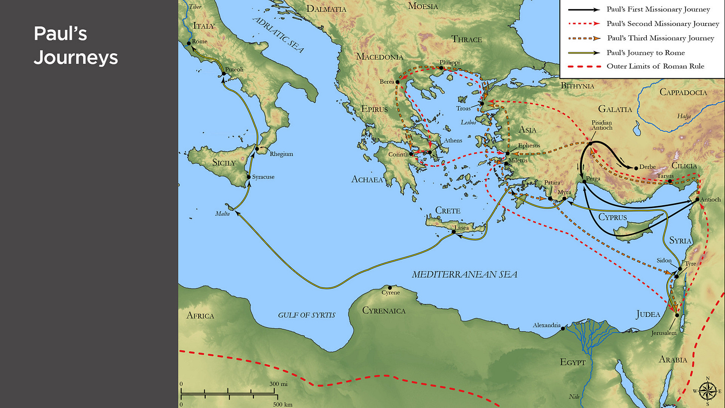 Map of Paul’s missionary journeys across the eastern Mediterranean—routes from Antioch through Cyprus, Asia Minor, Greece, and to Rome. Map of Paul’s missionary journeys across the eastern Mediterranean—routes from Antioch through Cyprus, Asia Minor, Greece, and to Rome.
