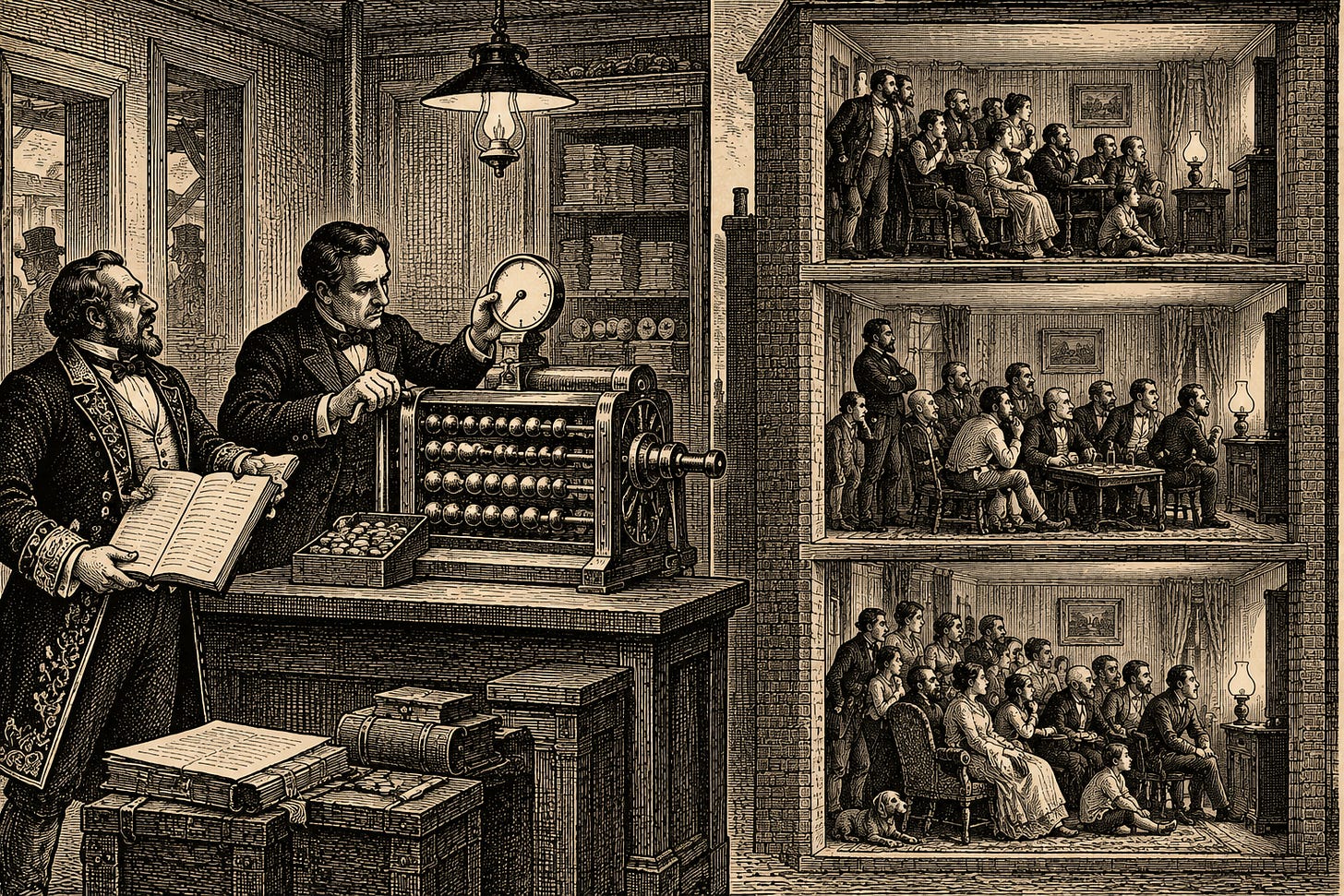 Wood-engraving editorial illustration in the Thomas Nast Harper's Weekly style for Attention Capital's essay The Meter Is the Market, depicting the co-viewing problem. A clerk cranks door-tokens through a brass multiplying machine set by a hand-adjusted gauge, while a cutaway of row houses shows parlors holding far more people than the single armchair the gauge assumes, and a showman waits at the door with his own ledger. The image argues Section I's mechanics: Nielsen turns tuned sets into viewers with a multiplier, the NFL says the multiplier runs low, and the gap on one broadcast could be 15 to 20 million people. Keywords: Nielsen co-viewing factor, NFL viewership undercount, TV ratings methodology, audience measurement.