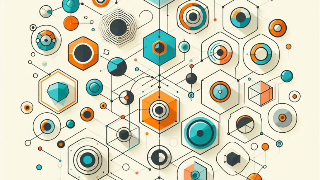 Geometric shapes of different colors and sizes connected by lines
