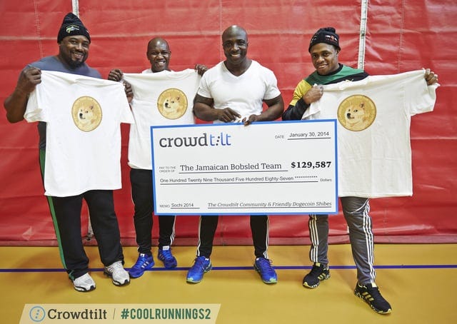 The Jamaican bobsled team with the money raised from Dogecoin