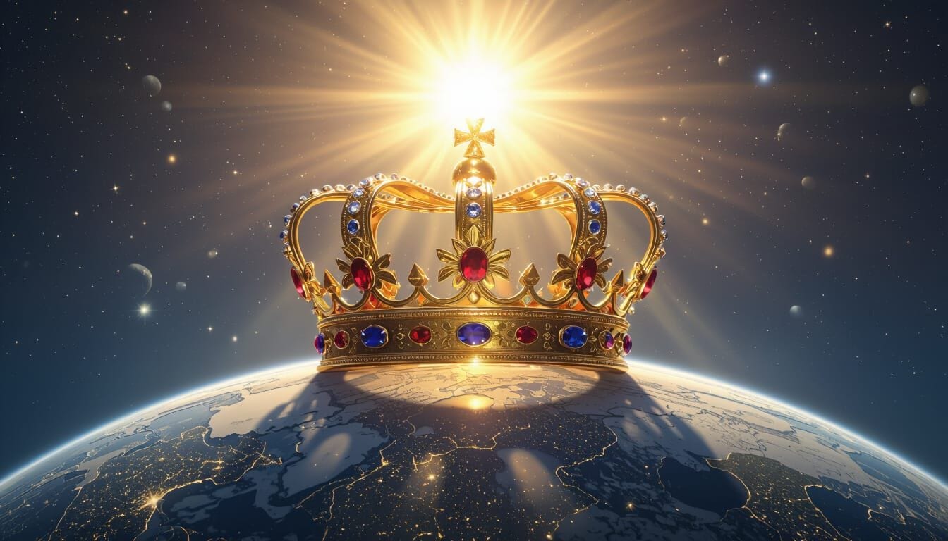 ultra-realistic, highest resolution, a royal crown set on top of the world, radiant sun illuminating its jewels